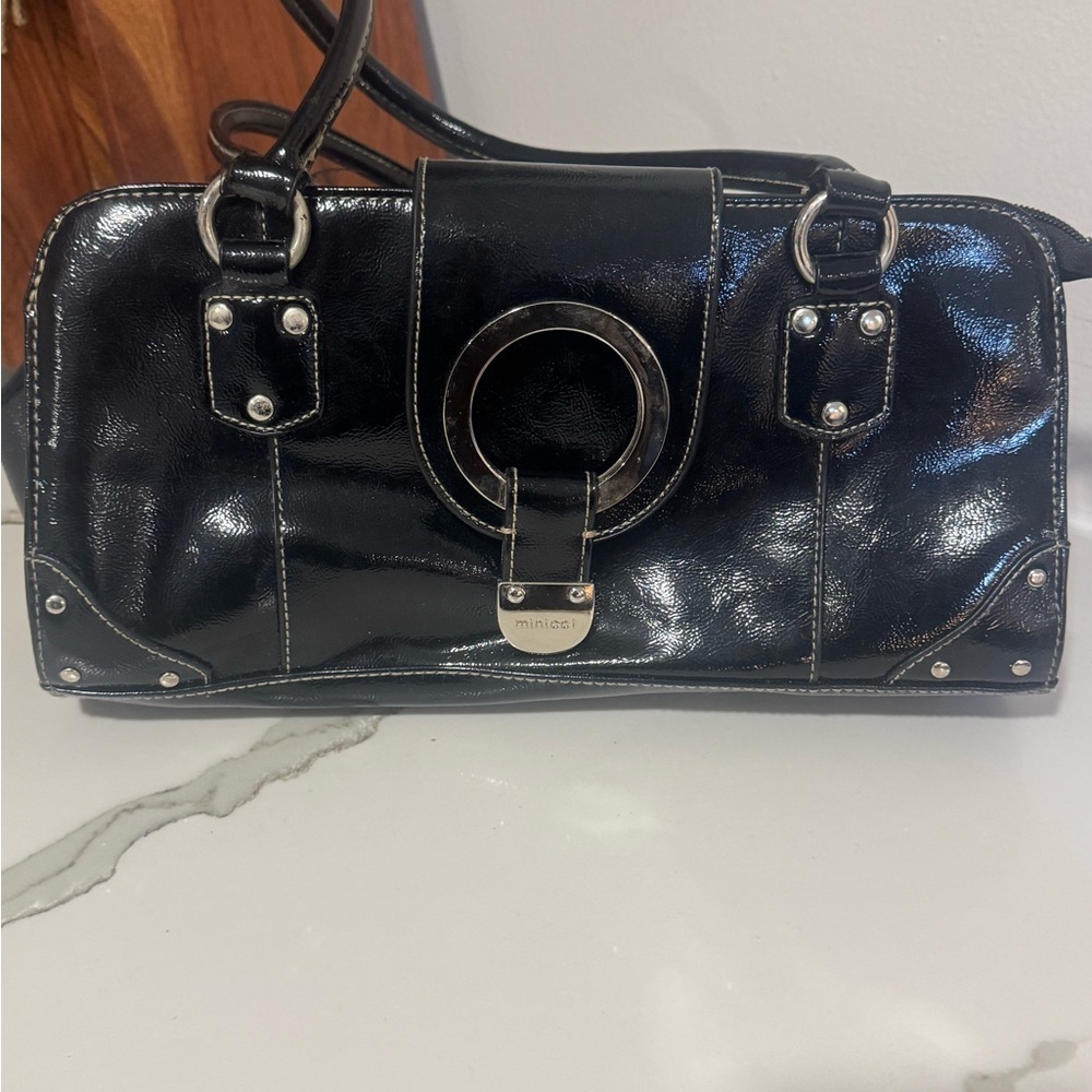 Mimicci Black Patent Leather Shoulder Bag Silver Hardware Y2K - Picture 4 of 9